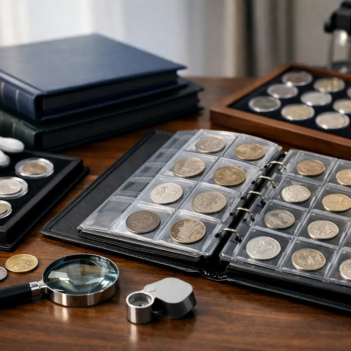 Myntalbum som skyddar och ordnar samlingen